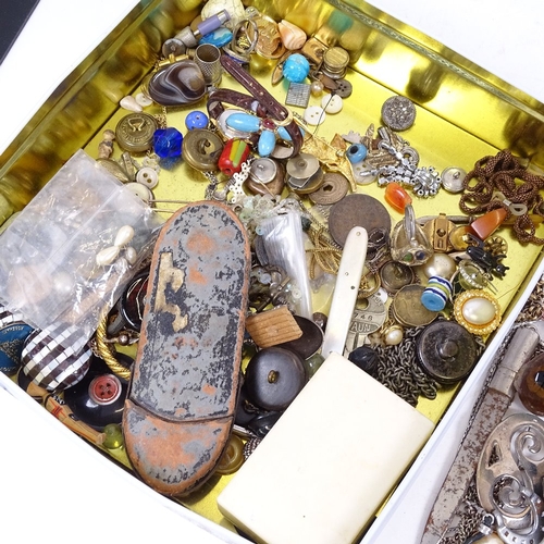 218 - Various collectables, including pocket watch, costume jewellery, buttons, badges etc (boxful)