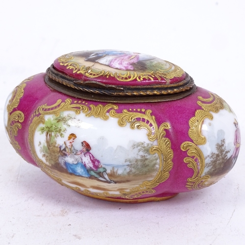 226 - A 19th century French pink ground porcelain trinket box, figural panel lobed scenes, length 11cm (A/... 