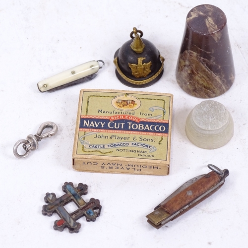 235 - Miniature Player's Navy Cut cigarettes packet, miniature penknives, Scottish hardstone pendant etc