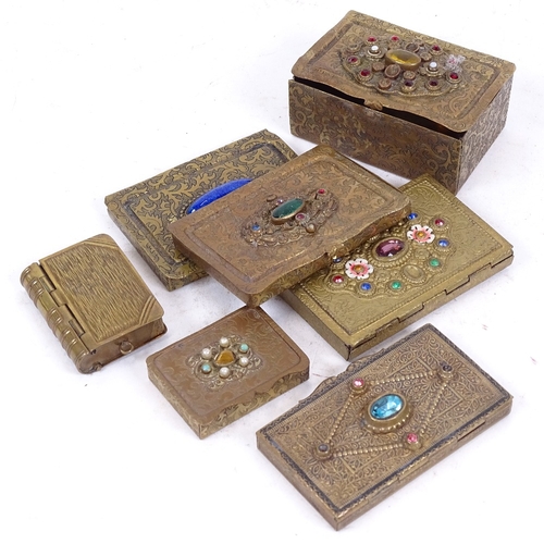 236 - A group of stone set brass trinket boxes, and a combination book Vesta case (boxful)