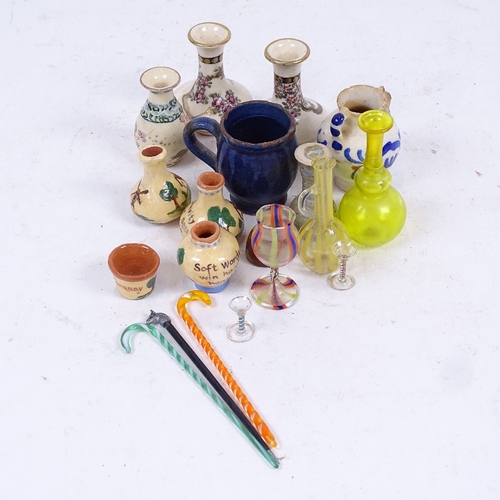 241 - Miniature Oriental and West Country pottery vases, miniature Venetian handblown glass items etc (box... 