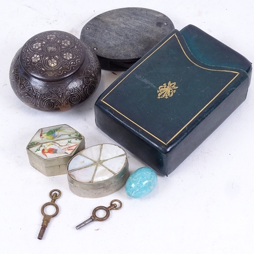 244 - Bidri Ware inlaid silver box and cover, horn magnifying glass, playing cards, trinket boxes etc (box... 