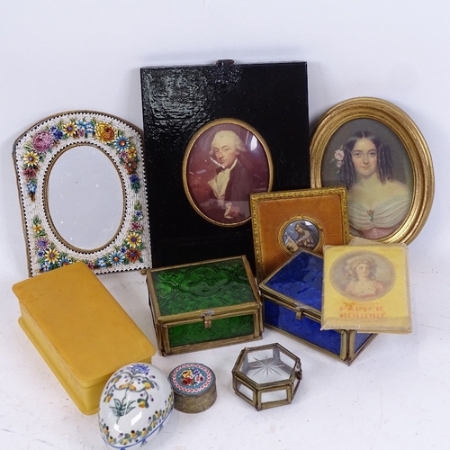 246 - Various miniature portrait prints, micro-mosaic frame, ivorine box etc (boxful)