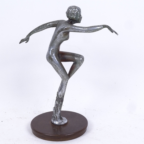 247 - An Art Deco chrome plated nude female dancer car mascot, in the style of Lorenzl, on weighted base, ... 