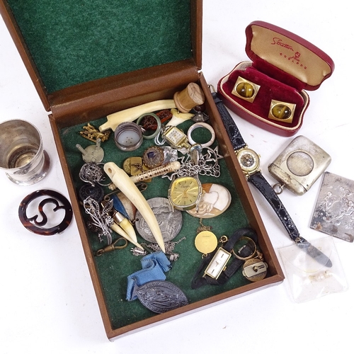 256 - Various collectables, including shell cameo, wristwatches, tigers eye cufflinks etc (boxful)