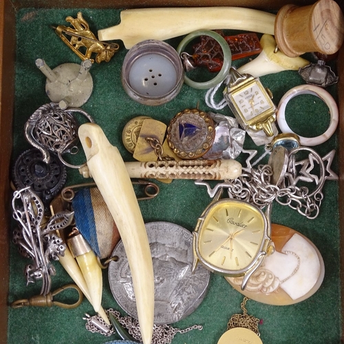 256 - Various collectables, including shell cameo, wristwatches, tigers eye cufflinks etc (boxful)