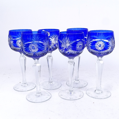 259 - A set of 6 Bohemian cut blue glass Hock glasses, height 18.5cm