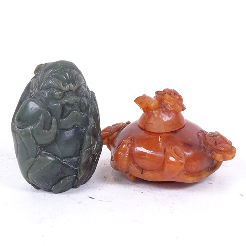 262 - A Chinese carved and polished jadeite figure, and a Chinese carnelian pot and cover, height 5.5cm (2... 