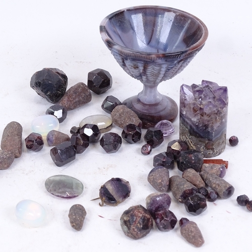 265 - Various gemstone specimens, including rhombic dodecahedron garnet, twinned garnet crystals, amethyst... 