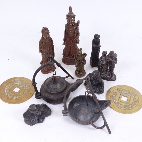 268 - Various Oriental cast-metal figures, 2 Chinese brass tokens, teapot etc (boxful)