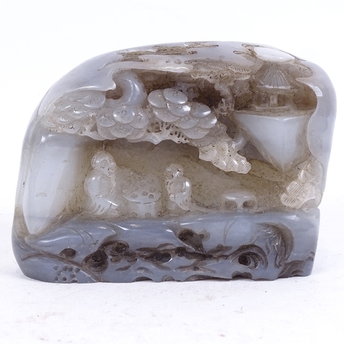 275 - A Chinese carved and polished agate diorama carving, depicting sages at a table, length 13cm