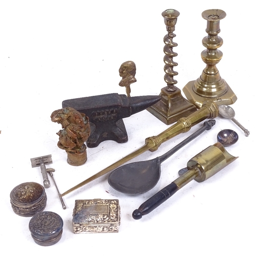 281 - Various collectables, including early 20th century silver pillbox, Shakespeare seal, pewter spoon, m... 