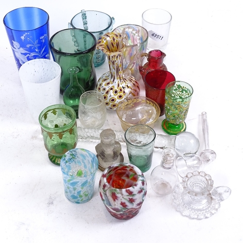 282 - A group of various glassware, including Venetian handblown beakers, etched tot, polished rock crysta... 