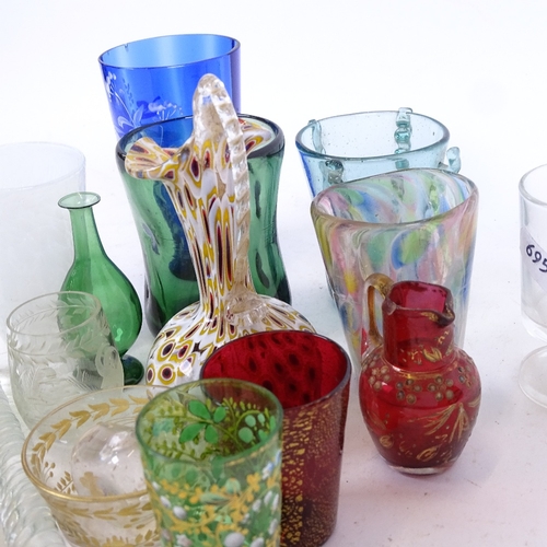 282 - A group of various glassware, including Venetian handblown beakers, etched tot, polished rock crysta... 