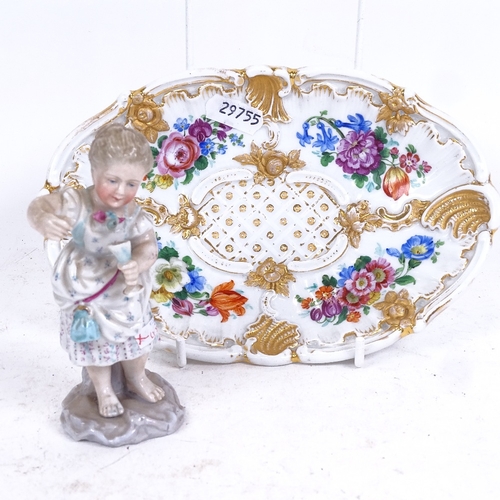 283 - A 19th century hand painted and gilded floral porcelain dish, crossed swords mark, and a porcelain f... 