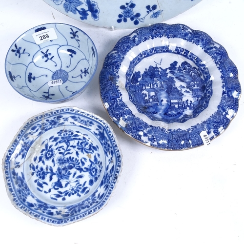 289 - A group of Chinese blue and white ceramics, including 18th century plate, large charger, bowl etc, a... 