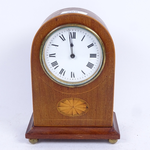 299 - An Edwardian French inlaid mahogany dome-top mantel clock, white enamel dial with Roman numeral hour... 