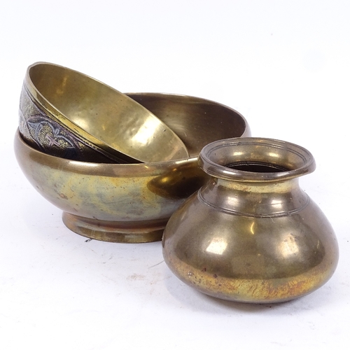 66 - A Middle Eastern silver and copper inlaid brass bowl, brass gourd and a heavy brass pot pourri, diam... 