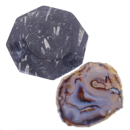 75 - A carved and polished octagonal fossilised panel dish, and a large banded agate geode slice, plate w... 