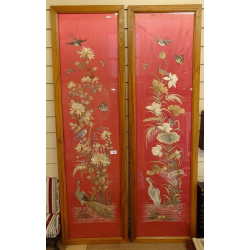 79 - A large pair of Chinese silk embroidered panels, exotic birds, butterflies and flowers, framed, over... 