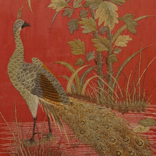 79 - A large pair of Chinese silk embroidered panels, exotic birds, butterflies and flowers, framed, over... 