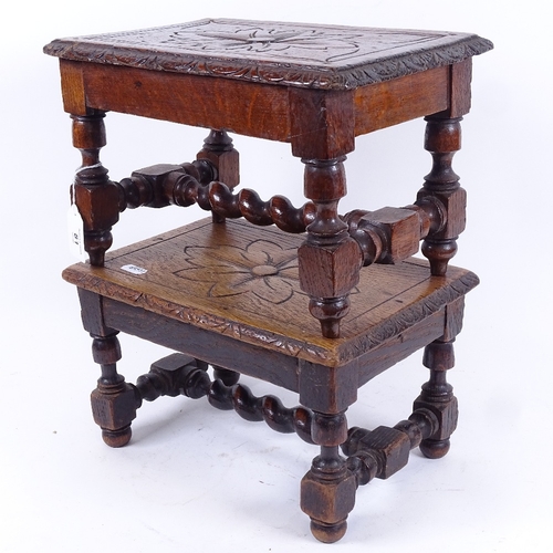 81 - A pair of 19th century carved and stained oak low footstools, with floral decoration and barley twis... 