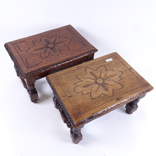 81 - A pair of 19th century carved and stained oak low footstools, with floral decoration and barley twis... 