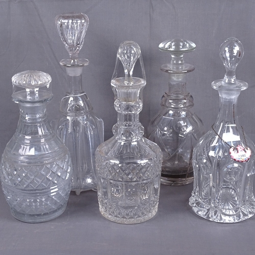 305 - 5 various Antique cut-glass decanters and stoppers, tallest 33cm, and an enamel Port label