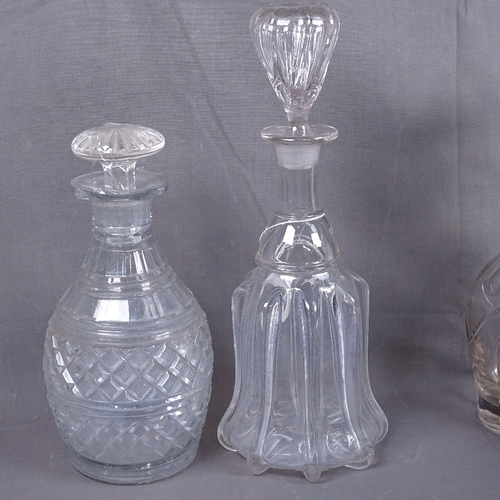 305 - 5 various Antique cut-glass decanters and stoppers, tallest 33cm, and an enamel Port label