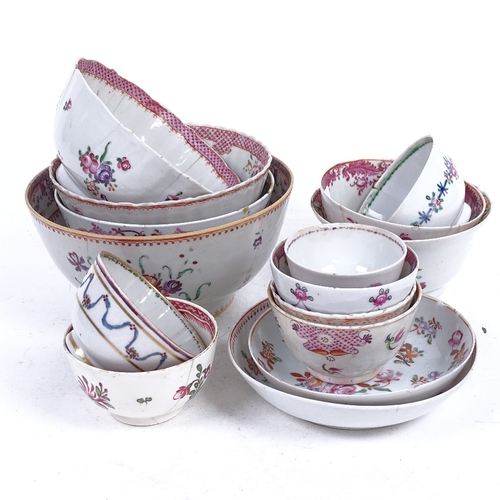 306 - Chinese tea bowls with painted floral designs, saucers and larger bowls