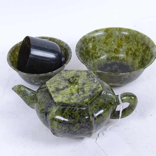 314 - A group of spinach nephrite/jadeite items, including pumpkin teapot and bowls, teapot height 9cm (4)