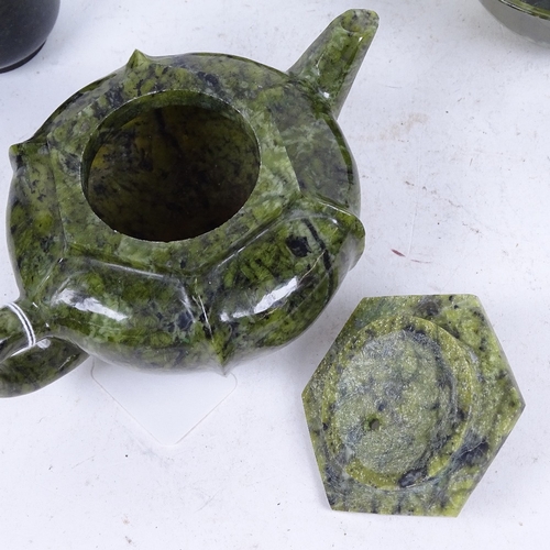 314 - A group of spinach nephrite/jadeite items, including pumpkin teapot and bowls, teapot height 9cm (4)