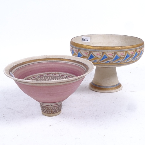 321 - Emmie Philps (born 1918), 2 Studio pottery bowls, hand painted and gilded decoration, largest height... 