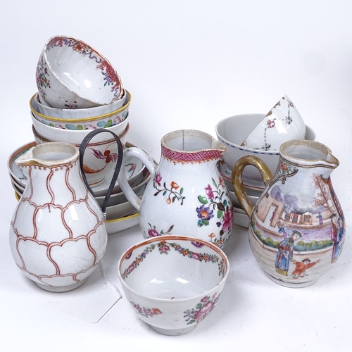 322 - 3 Chinese porcelain jugs with painted decoration, tallest 11cm, Chinese tea bowls and saucers etc