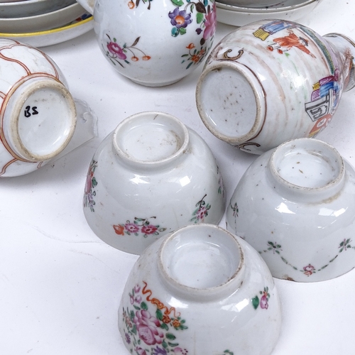 322 - 3 Chinese porcelain jugs with painted decoration, tallest 11cm, Chinese tea bowls and saucers etc