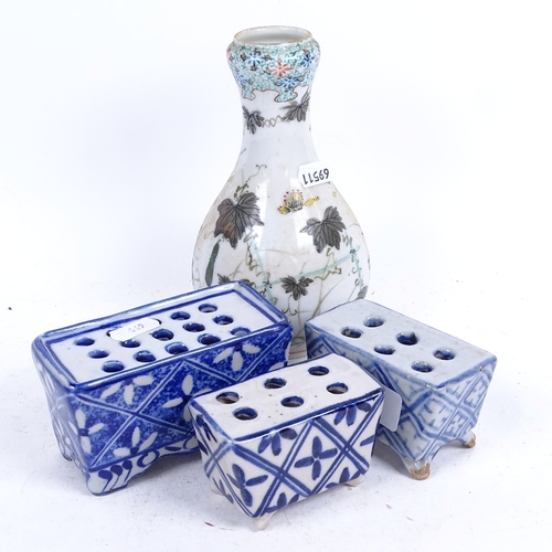 327 - 3 Chinese porcelain flower bricks, largest length 11.5cm, and a Japanese vase