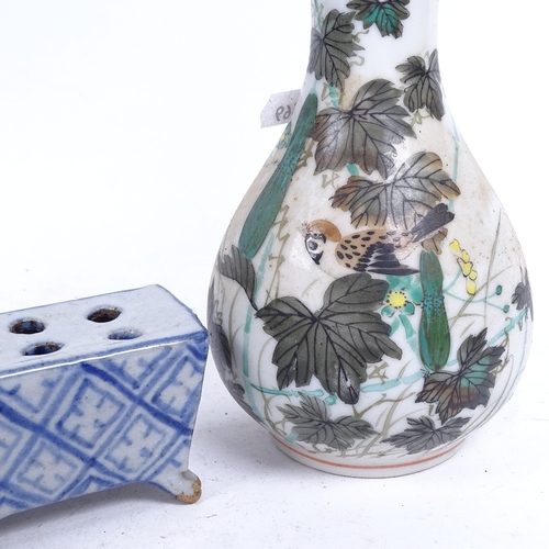 327 - 3 Chinese porcelain flower bricks, largest length 11.5cm, and a Japanese vase