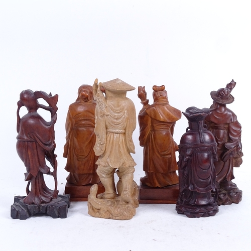 328 - A pair of carved wood Oriental figures on plinths, 17.5cm, and 4 other carved Oriental figures