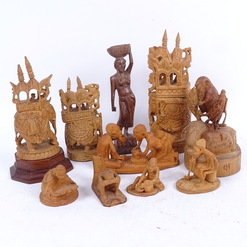 334 - 3 carved wood caparisoned elephants with mahouts, tallest 17.5cm, Eastern carved wood figures etc