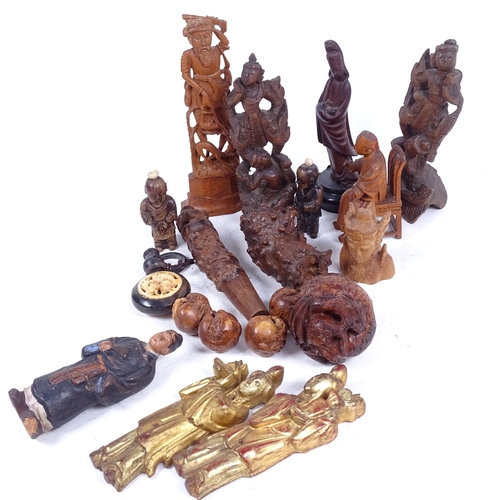 336 - Various treen items, including a carved rootwood Oriental figure, 11.5cm, a snuff bottle, gilded fig... 