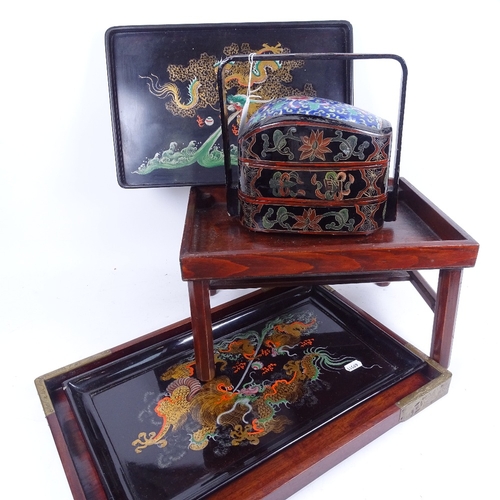 340 - A group of Oriental items, including hardwood and lacquer tray tops, porcelain-topped lacquer food s... 