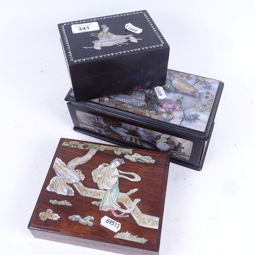 341 - 3 Oriental boxes with applied carved mother-of-pearl decoration, largest 21cm