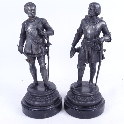 342 - A pair of spelter knight figures on wooden plinths, 30.5cm