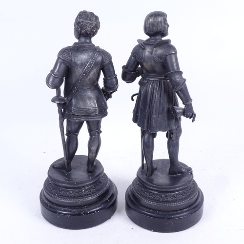 342 - A pair of spelter knight figures on wooden plinths, 30.5cm