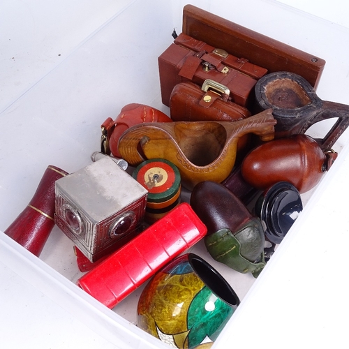 347 - Small leather boxes, treen items etc