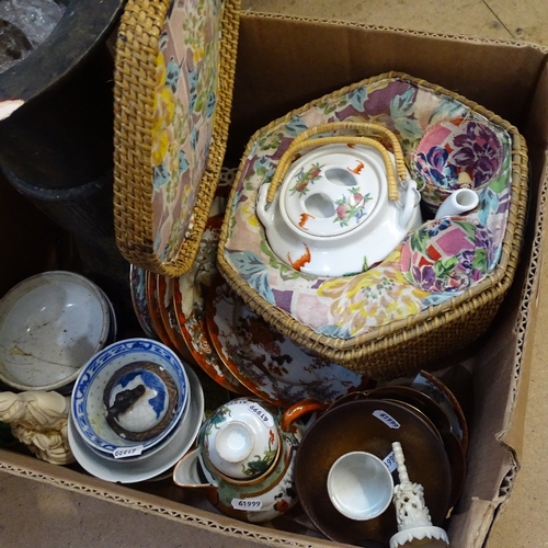 354 - A Chinese teapot in fitted lined basket, Japanese plates, Oriental figures etc