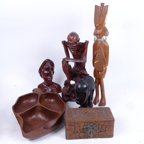 355 - Carved Ethic figures, tallest 35cm, a dish and a carved wood box