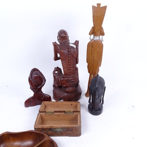 355 - Carved Ethic figures, tallest 35cm, a dish and a carved wood box