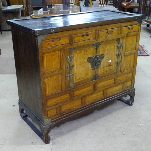 1757 - A Chinese elm side cabinet, with fitted drawers and cupboards, on scrolled feet, W92cm, H79cm, D41cm