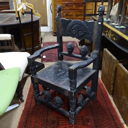 1760 - An African Tribal Chokwe Chief's chair, carved wood with copper adornments